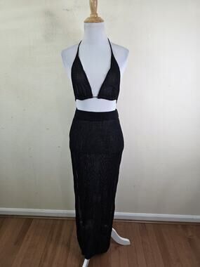 Women’s Black Crochet Mesh Triangle Top Skirt See Through 2 Piece M/L Sexy